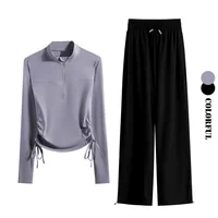 DRUR 2 pièces ensemble de Yoga pour les femmes avec manches longues côté cordon haut de sport et pantalons de survêtement costume automne course tenues de gymnastique S-3XL 3