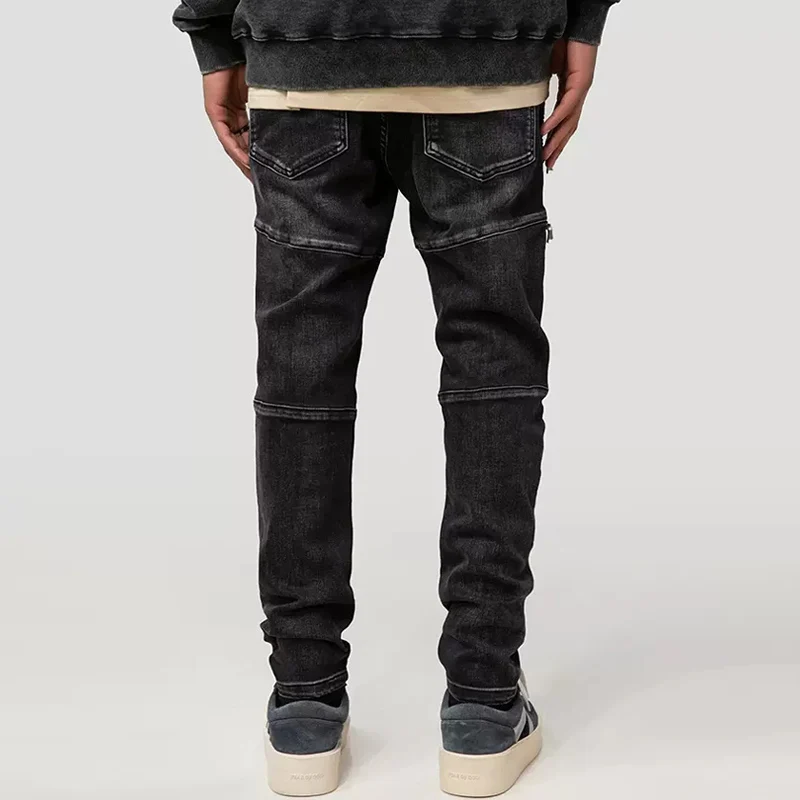 Street Fashion Men Jeans Retro Black Gray Elastic Slim Fit Spliced Designer Biker Jeans Men Stretch Patched Hip Hop Pants Hombre