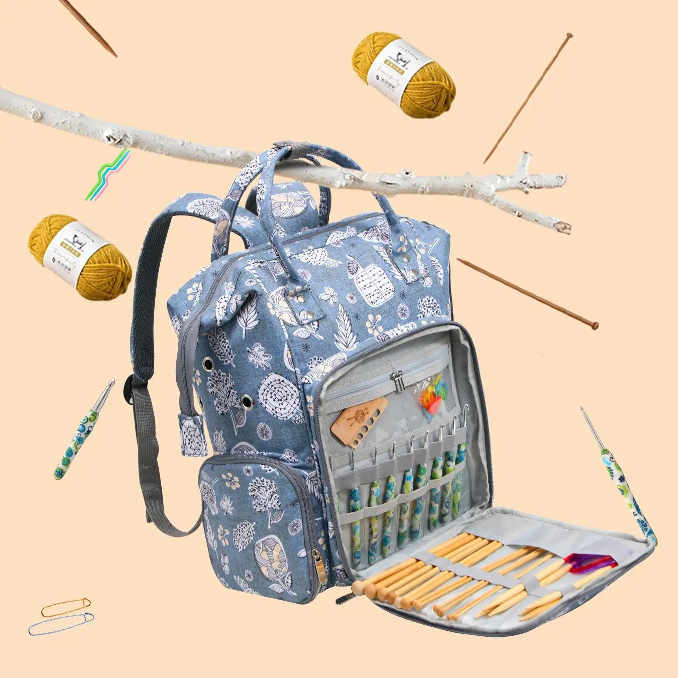 Lagre Capacity Yarn Storage Bag Cashew Flower Knitting Tote Bag Portable Travel USB Port Sewing Accessoriy sewing accessories yarn storage bag yarn storage organizer