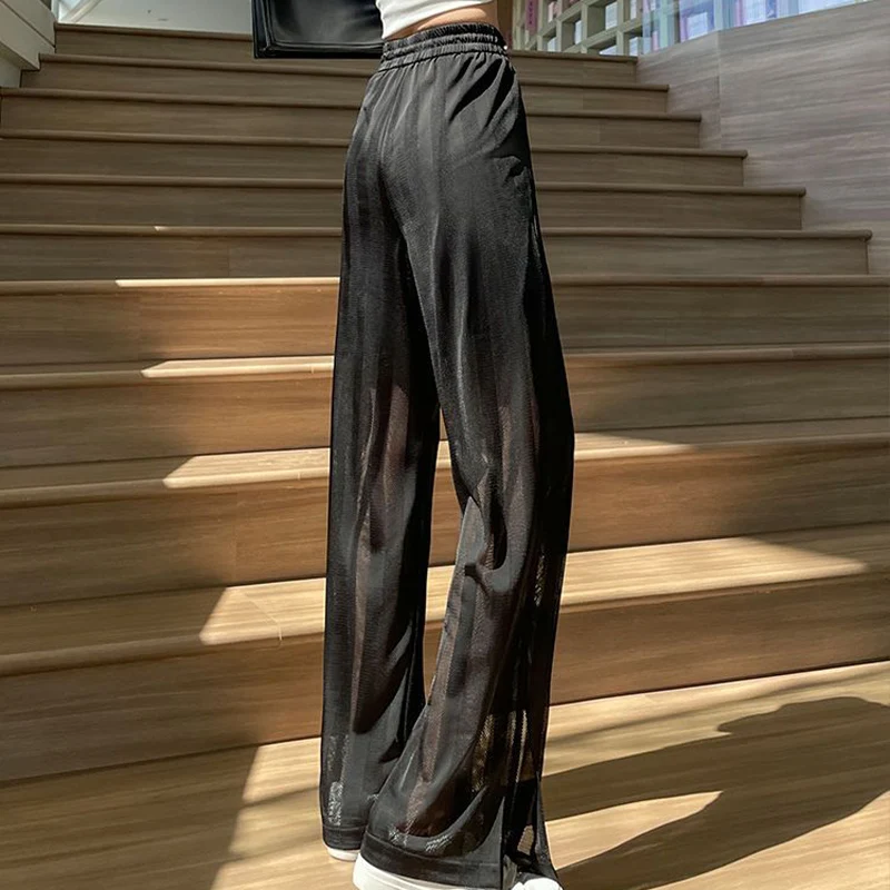 Summer Solid Color Loose Y2K Long Pants Women Casual All Match Patchwork Straight Leg Trousers Chic High Waisted Female Clothes