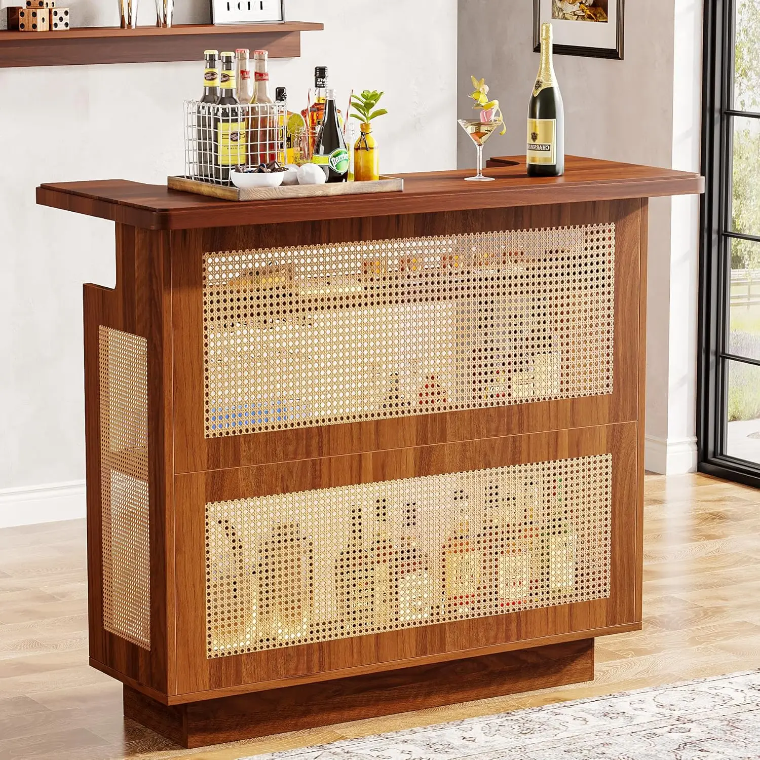 Rattan Home Bar Unit, Farmhouse 4-Tier Bar Table with 4 Stemware Racks and Heightened Base, Liquor Wine Cabinet Mini