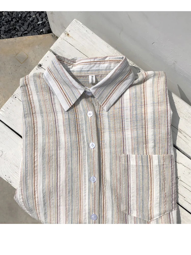 QOERLIN Chic Colorful Striped Spring Summer Long Sleeve Shirts Women Turn-Down Collar Button Up Loose Casual Pocket Tops Blouse