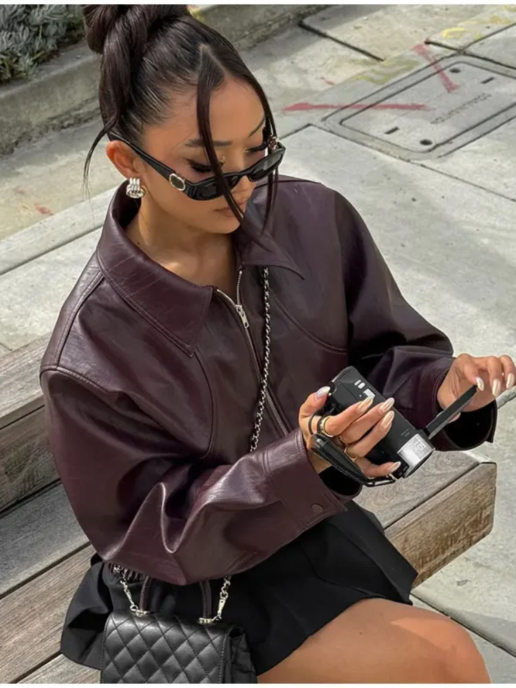 Women Braid Lapel Cropped Leather Jacket Vintage Zipper Long Sleeve Motor Bicycle Coat Chic Casual Retro Loose Street Outerwear 5