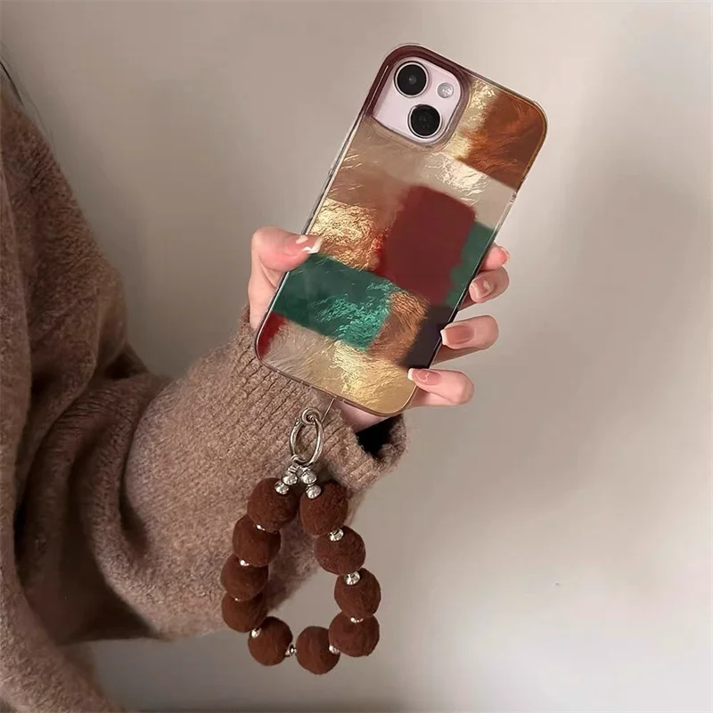 Retro Brown & Red Color Blocked Phone Case with Fur Ball Chain Decor