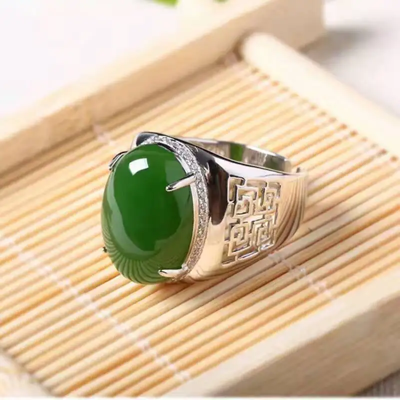 Chinese style green jade man's ring 12*16mm natural jade vintage 925 silver gemstone ring for man Luxurious silver man ring - Image 4