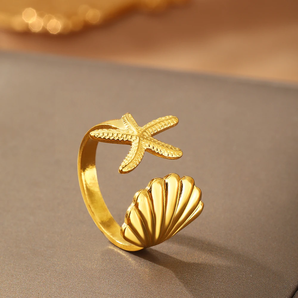 Stainless Steel Ring Light Luxury Premium Sea Life Collection Starfish Shell Ring For Women Jewelry Beach Vacation Accessories 2