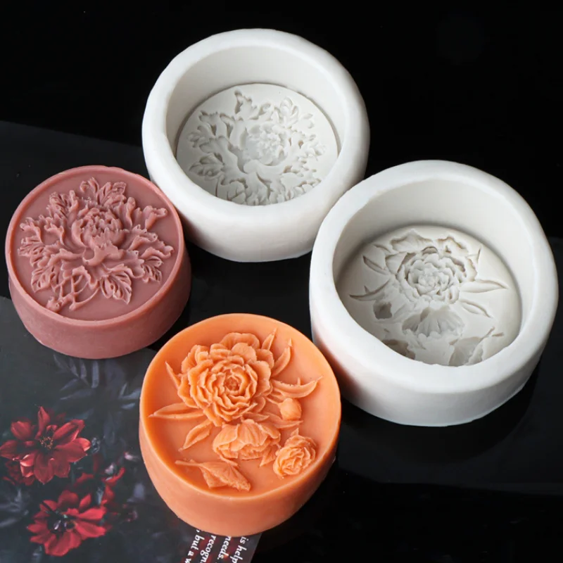 Silicone Soap Molds Epoxy Resin Molds Round Peony Silicone Soap Mold DIY Relief Flower Candle Resin Crystal Making Tool Chocolate Baking Tool Ice Tray Home Decor Gift