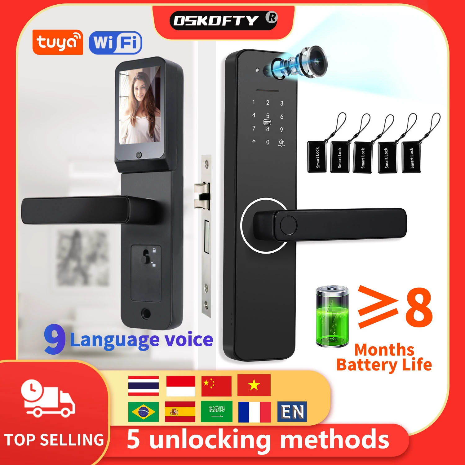 Smart WiFi door lock with camera Smart Life APP control fingerprint password RFID card Security Key Entry smart door lock