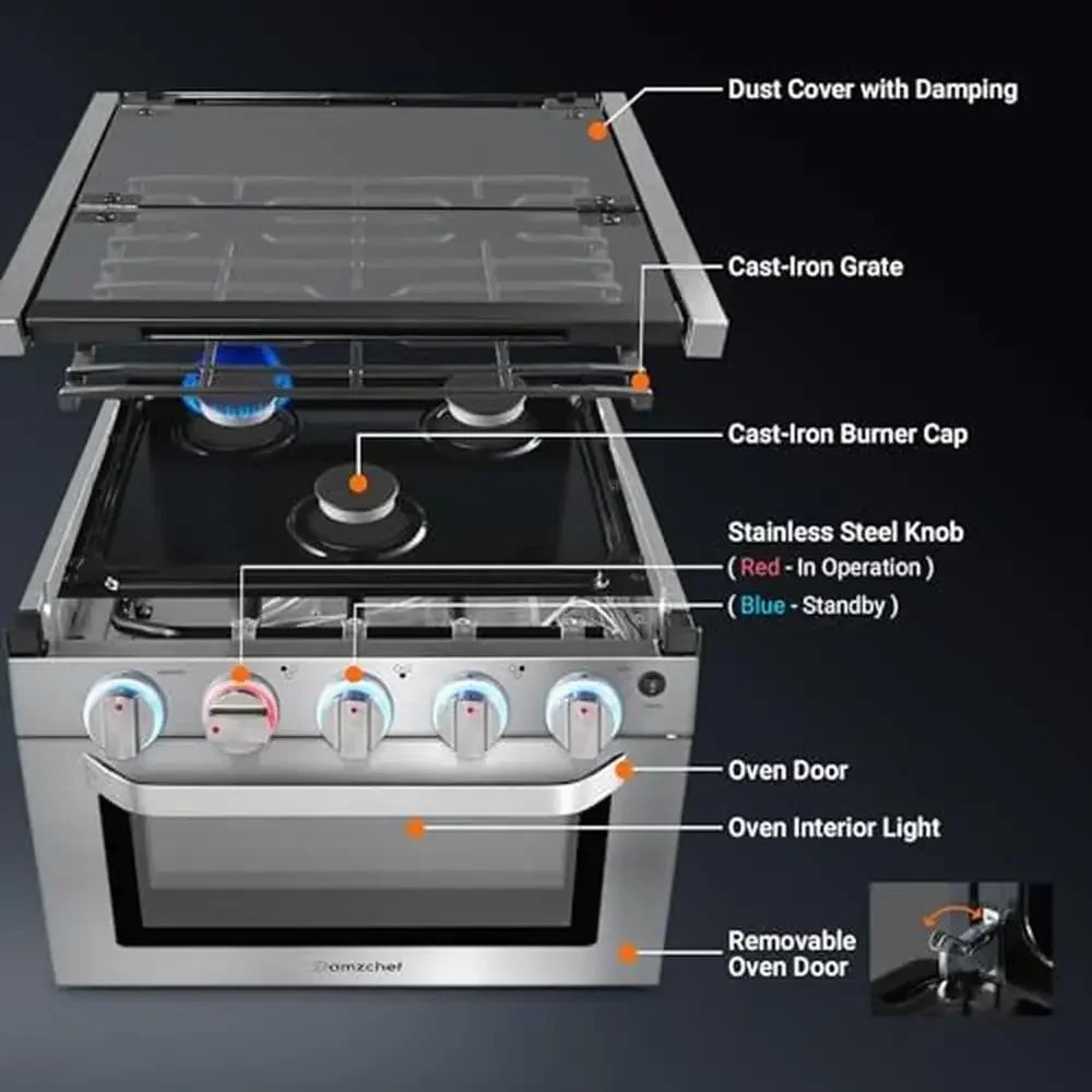 21" Gas Range Stove Oven Combo with 3 Burners 1.77 Cu.Ft. RV Use 28,100BTU Capacity Baking Rack Air Fryer Basket Included 6