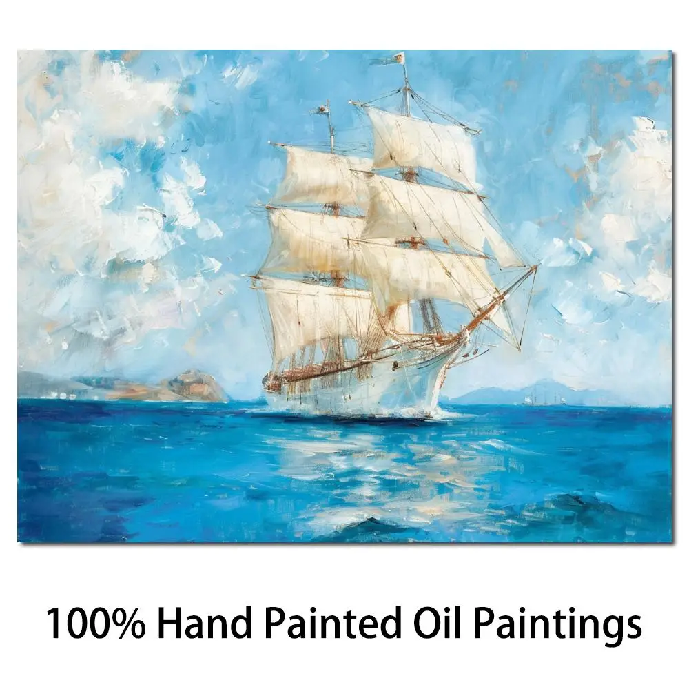 

Ship Seascape Canvas Wall Art Hand Painted Sailboat Oil Painting Modern Artwork for Living Room Office Decor High Quality