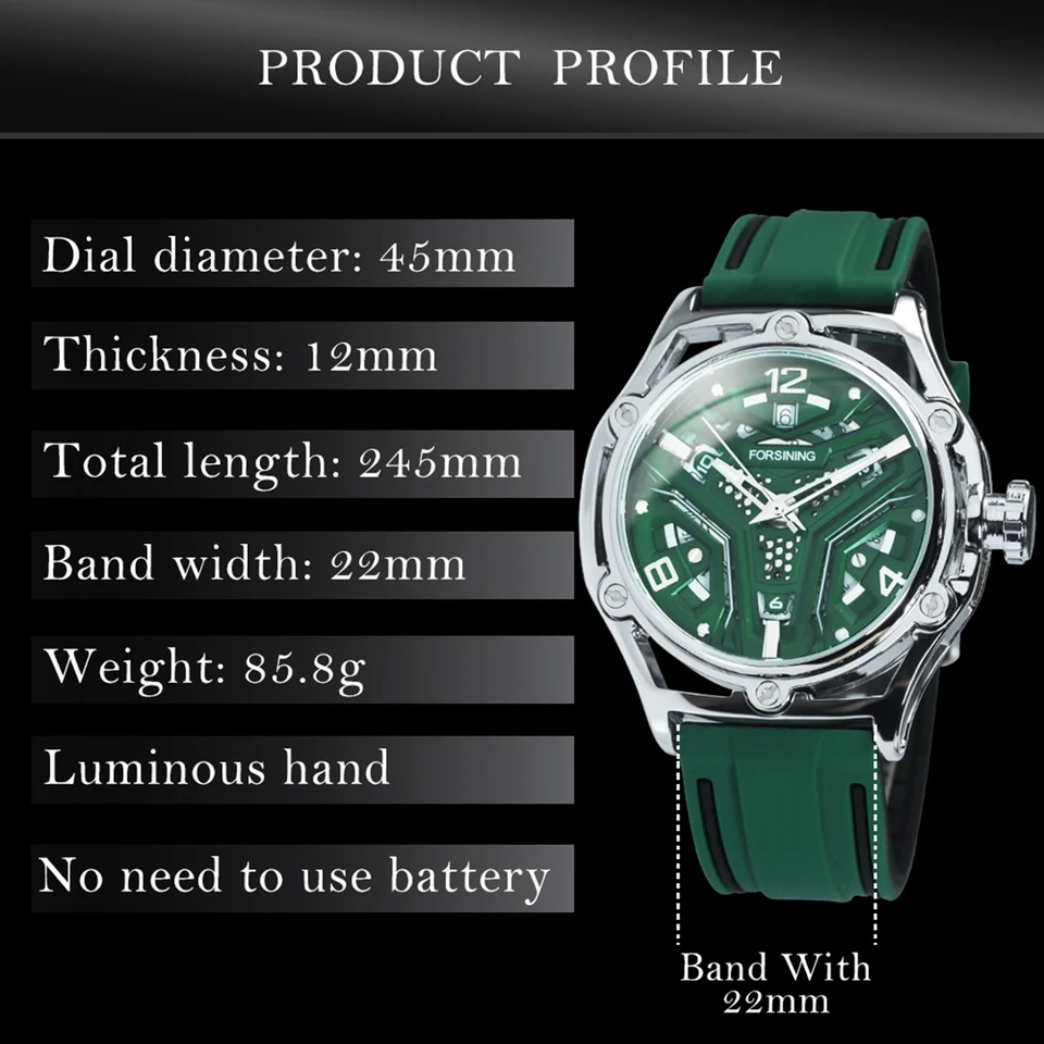 FORSINING Orologio analogico al quarzo, classico, cinturino in silicone, stile business casual, impermeabile, quadrante grande, orologio militare da uomo, Arancione, Cinturino