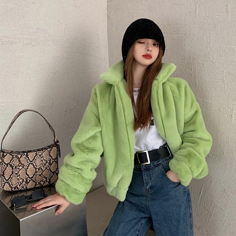 Korean Casual Plush Coat 2023new Green Short Faux Fur Coats Women Stand Collar Winter Thicken Warm Furry Jackets Woman Overcoat