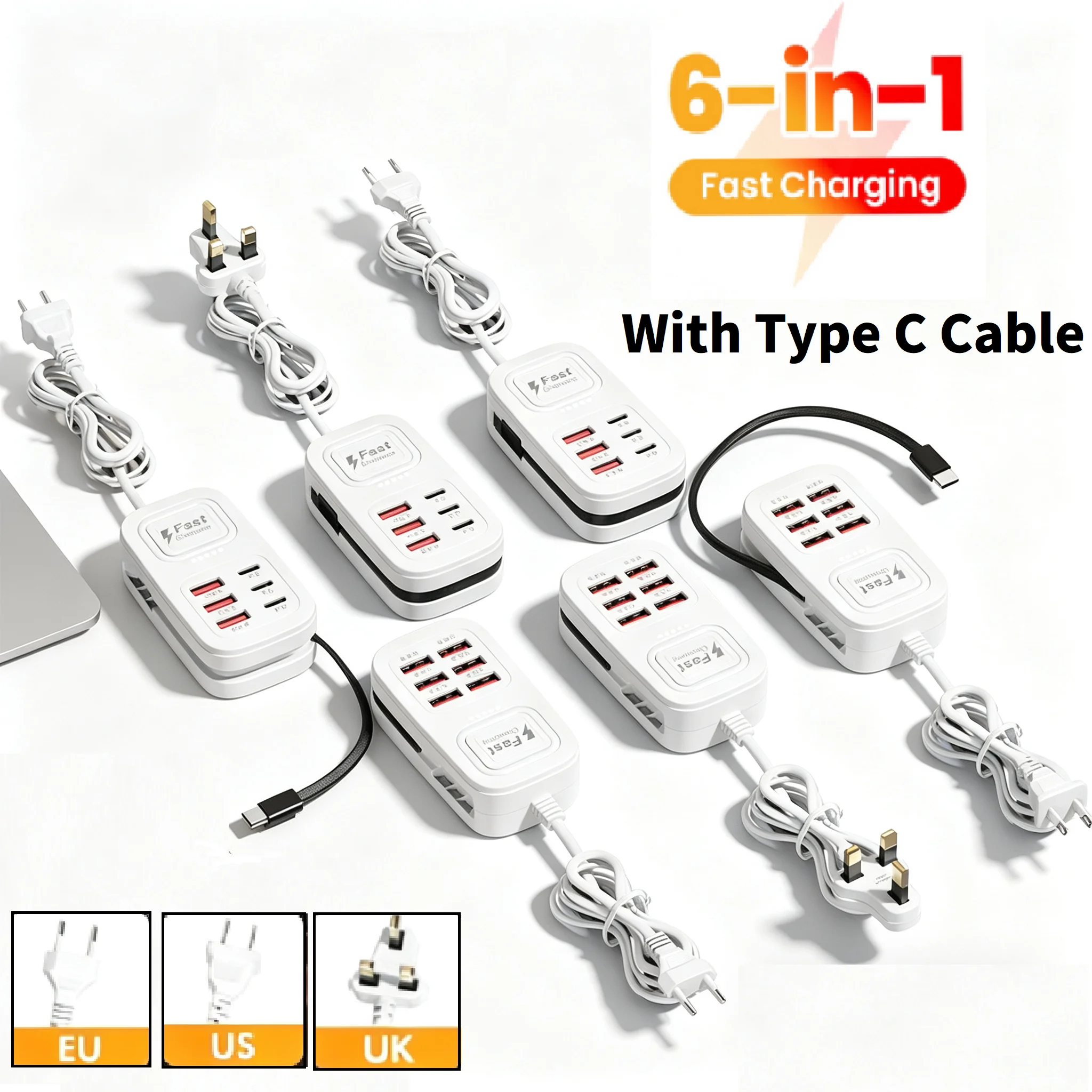 6 in 1 USB Charger PD Type C Fast Charging Wall Chargers Extension Type C Cable Socket EU/UK/US Plug Multi-ports USB Hub Adapter 1
