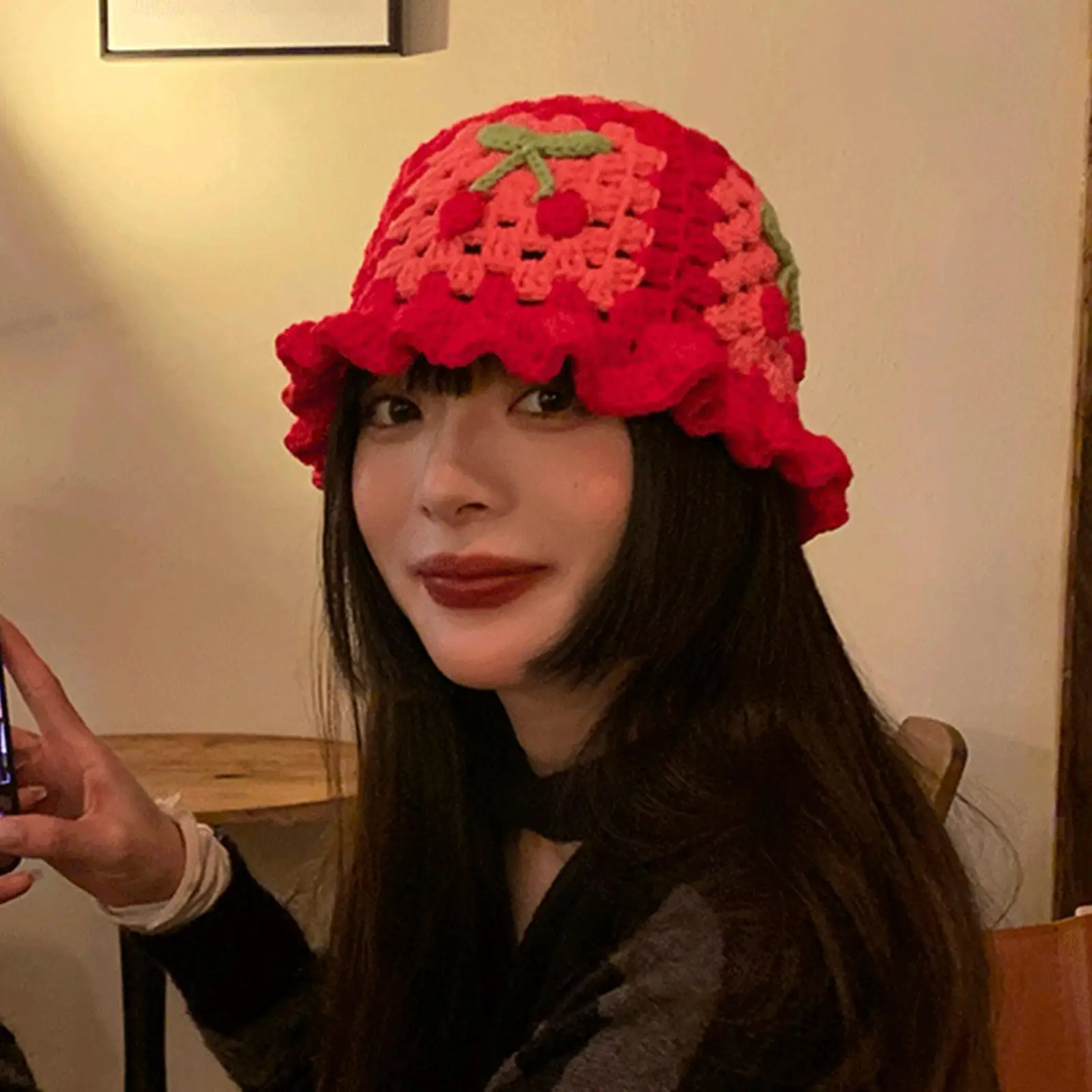 

Cute Cherry Bucket Hat Knitted Beanie Hats Crochet Fisherman Hat ,One Size Embroidered for Travel Summer Girls Costume Holiday