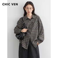 CHIC VEN nouvelles femmes chemise ample décontracté à manches longues Vintage épais ponçage femme Blouses à carreaux simple boutonnage automne hiver 2025 2