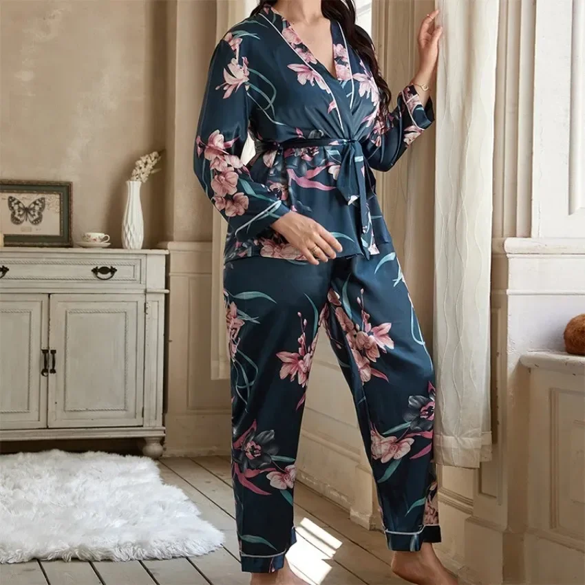 Sexy Large Size XL-5XL Sleepwear Flower Print Women Nightwear V-Neck Robe Pant Set Spring Summer Loose Lounge Wear Woman Clothes