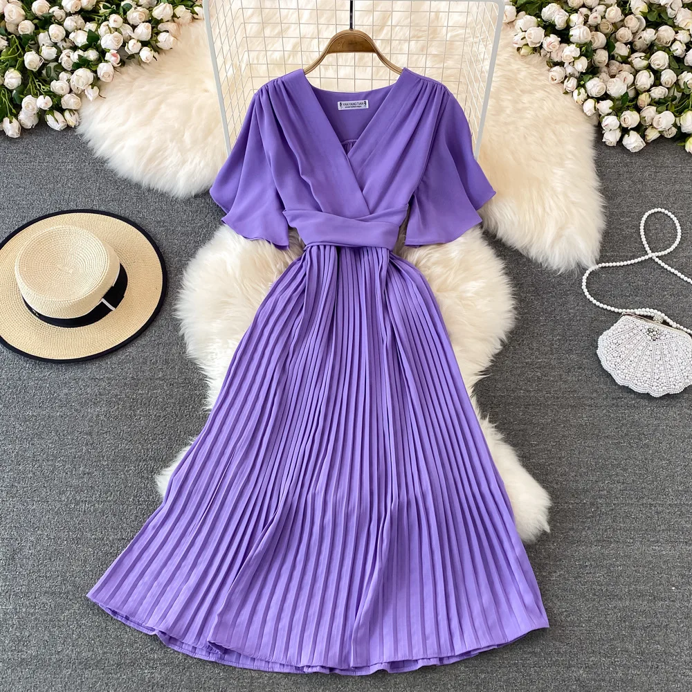 Women Elegant Pleated Dress Summer Short Sleeve V-neck Vintage Dresses Ladies A Line High Waisted Midi Dress