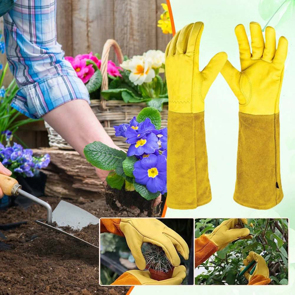 1 Pair Long Thorn Proof Rose Pruning Gloves Breathable Leather Floral Gauntlet Labor Protection Long Elbow Gloves for Women Men 3
