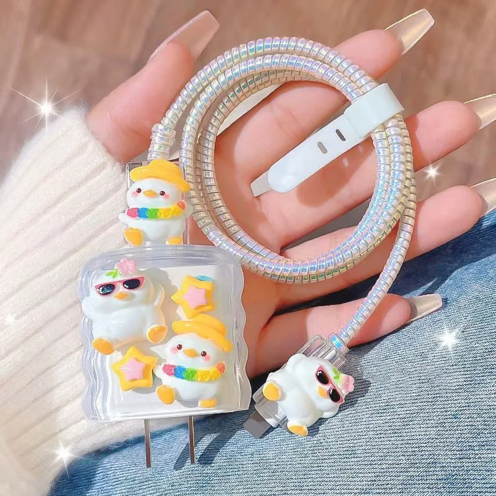 Yellow Duck Crystal Charging Data Cable Protector Winder Accessories for iPhone 18/20w Cartoon Charger Protective Cover