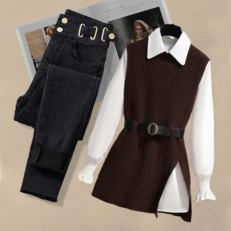 Large Autumn and Winter Suit for Women 2024 New Korean Fashion Knitted Vest Shirt Casual Slim Jeans Three Piece Set 4