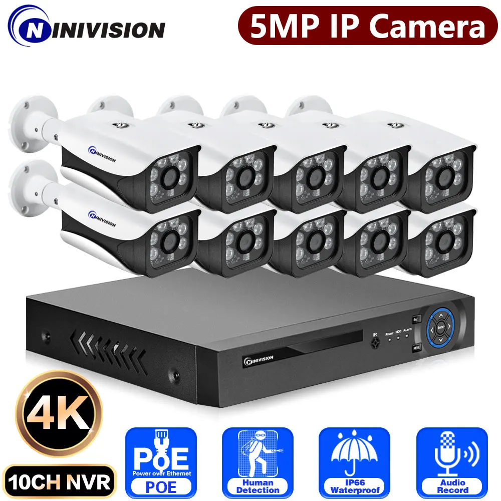 

H.265+ 10CH 4K NVR POE 5MP Security Camera System Audio Record Rj45 Human Detection IP Camera Outdoor Waterproof CCTV Video 8CH