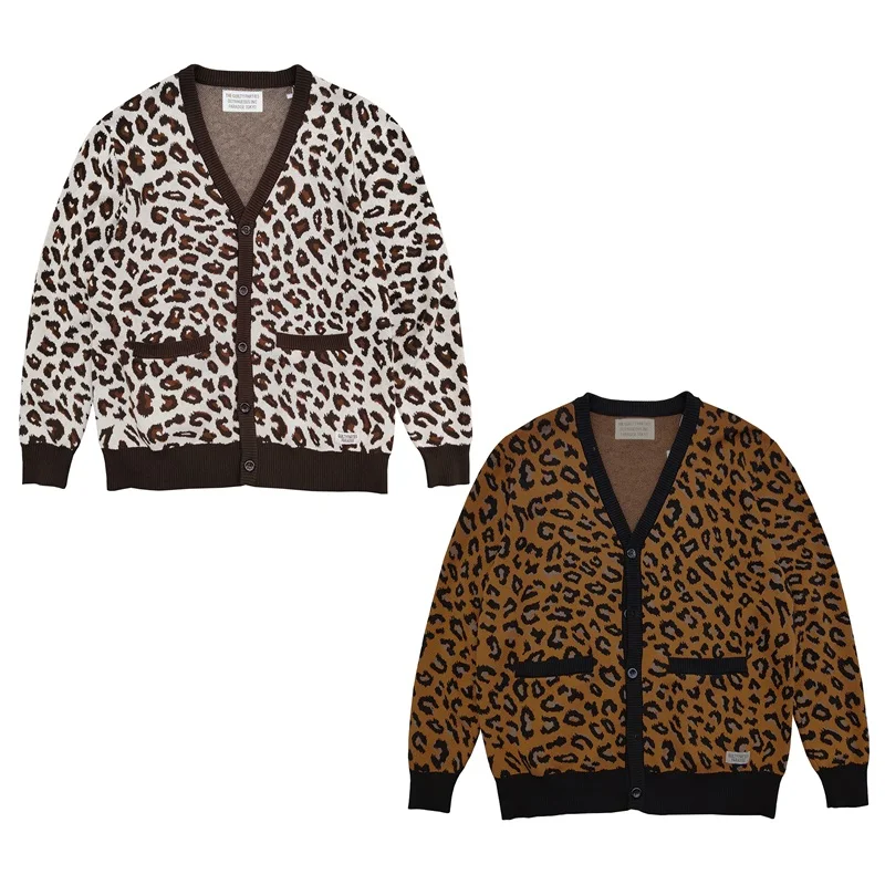 Pdmcms 23aw New Japanese Classic Leopard Print Pure Cotton Yarn Knitted Sweater V-neck Cardigan For Men