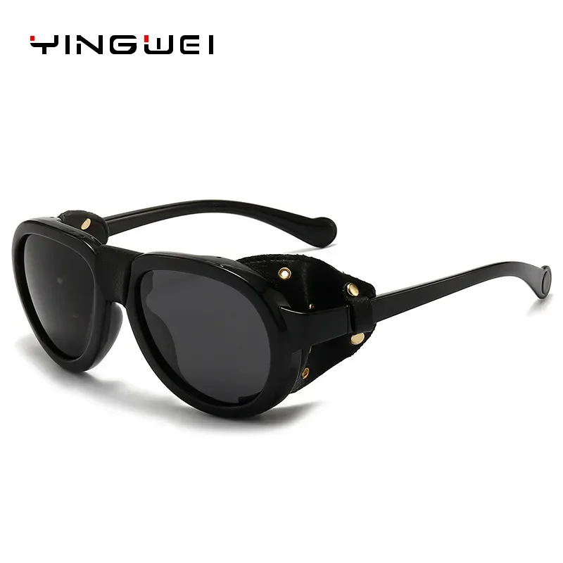 Unisex Luxury Polarized Round Steampunk Sunglasses with Leather Accents
