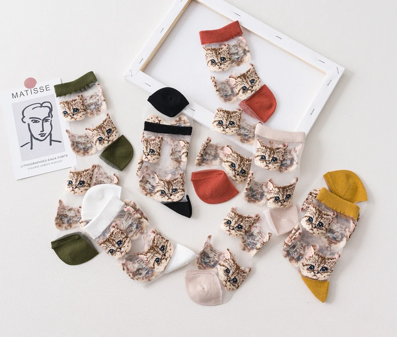 3 Pairs = 6 Stück Kühle Transparente Nette Katze Frauen Socken Atmungsaktive Damen Sommer Dünne Kawaii Seide Socken Für Frauen dropshipping – Detail 2