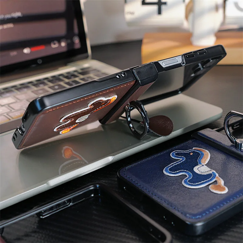Premium PU Leather Embroidered Horse Folding Phone Case with Finger Ring Holder