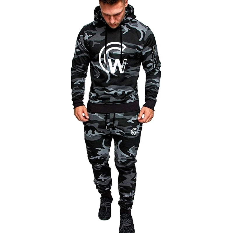 Autumn men's fitness sportswear jogging set camouflage printed hoodie top+pants sportswear men's outdoor running jogging set