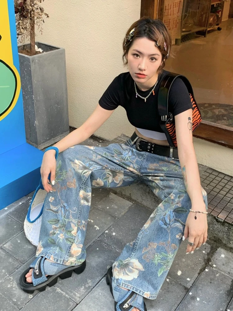 ADAgirl Floral Print High Waisted Jeans Women Y2k Pattern Wide Pants Streetwear Straight Fashion Harajuku Causal Hip Hop Style