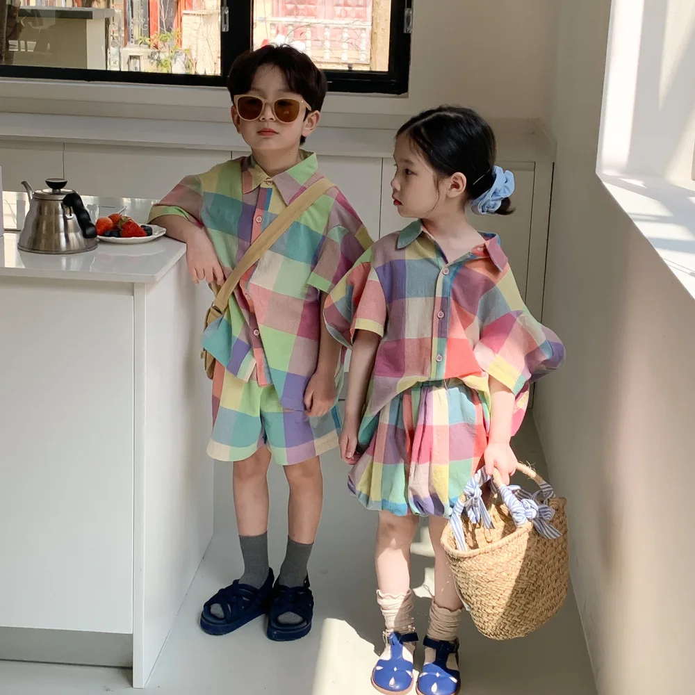 

MODX Summer siblings colorful plaid clothes sets Boys short sleeve shirt and shorts Girls shirt and pantskirt Kids Outfits