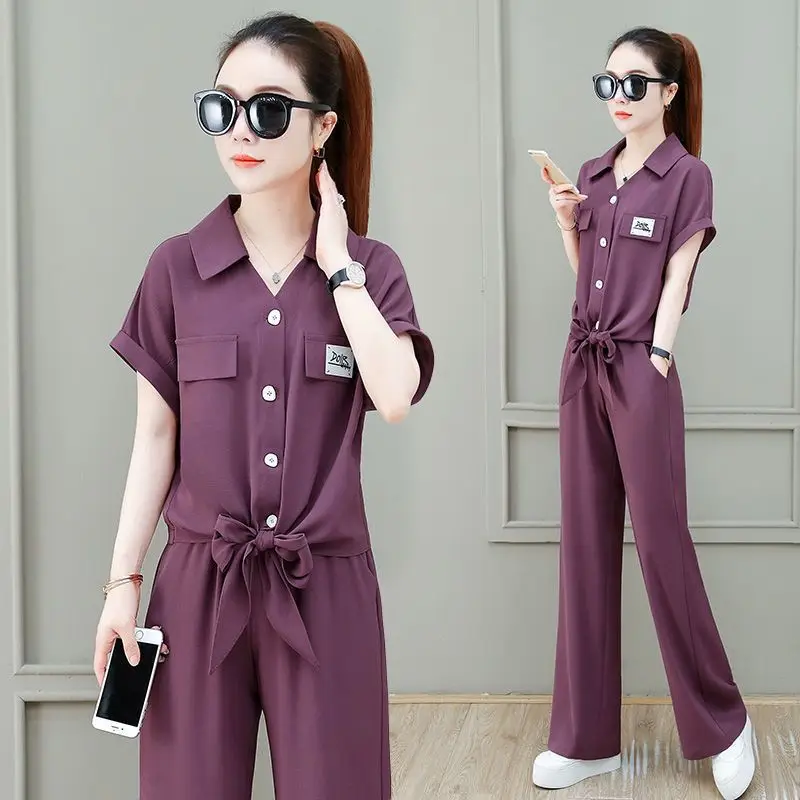 Leisure Set Women's Summer Thin 2024 New Fashionable and Fashionable Ice Silk Wide Leg Pants Age Reducing Two Piece Set