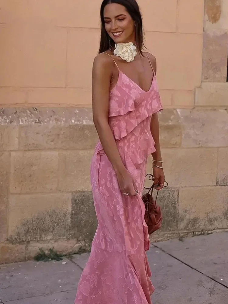 

Ruffles Floral Dress Women Sexy Backless V-neck Long Female Camisole Beach Dresses 2023 Summer Vacation Side Split Lady Robe