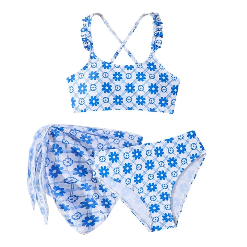 3pack Children Girls Blue Flower Printed Bikini Sets 8-12 Years Kids Swimsuit Skirts Swimwear Teens Beach Bathing Suit
