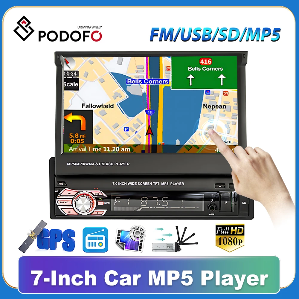 

Автомагнитола Podofo 1 din, Авторадио, GPS-навигация, автомобильная стереосистема, сенсорный экран 7 дюймов HD, BT, FM, USB, SD, MP5, поддержка камеры заднего вида