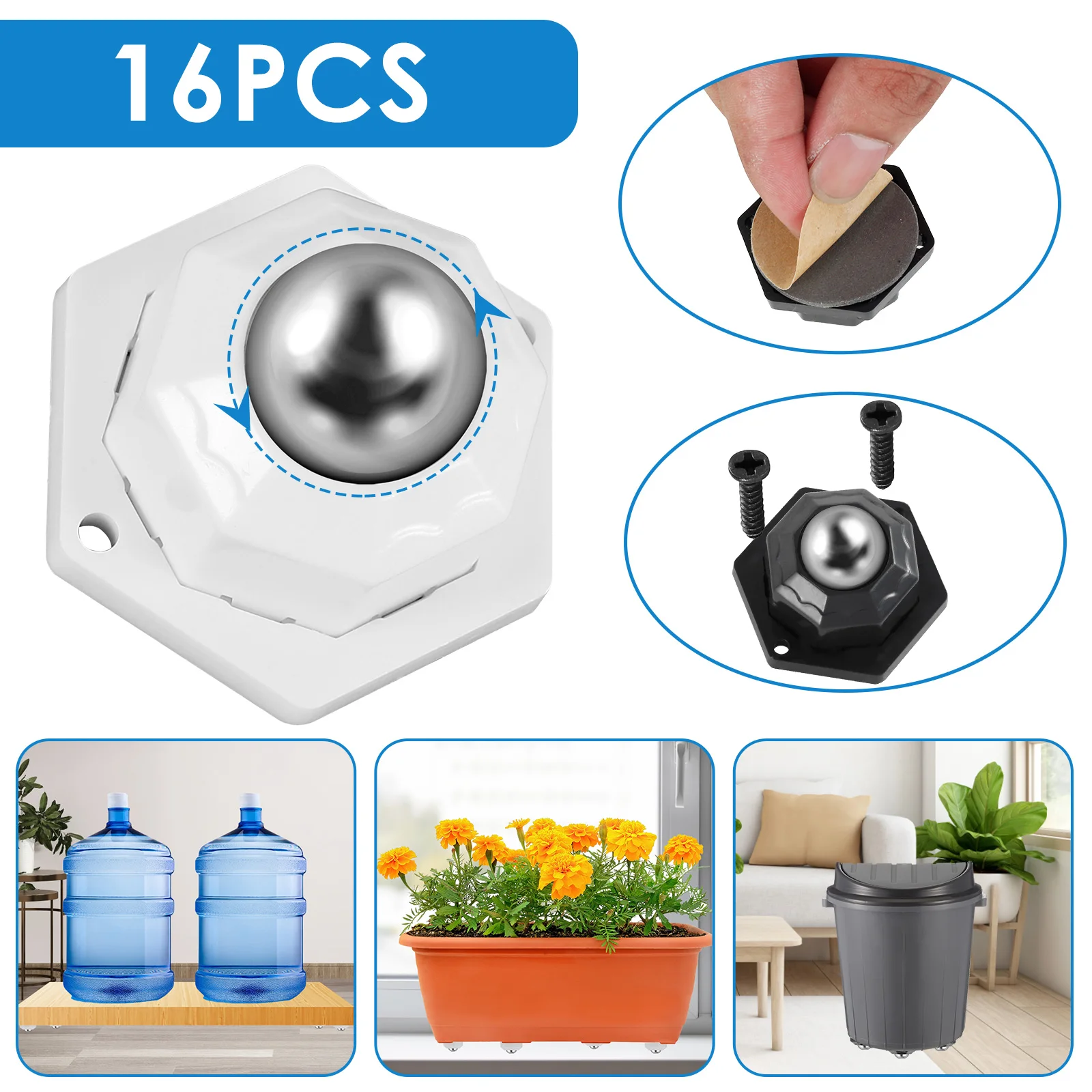 

16Pcs Mini Sticky Pulley Stainless Steel Mini Swivel Caster Wheel with Extra Large Single Ball 360° Rotating Furniture Bottom