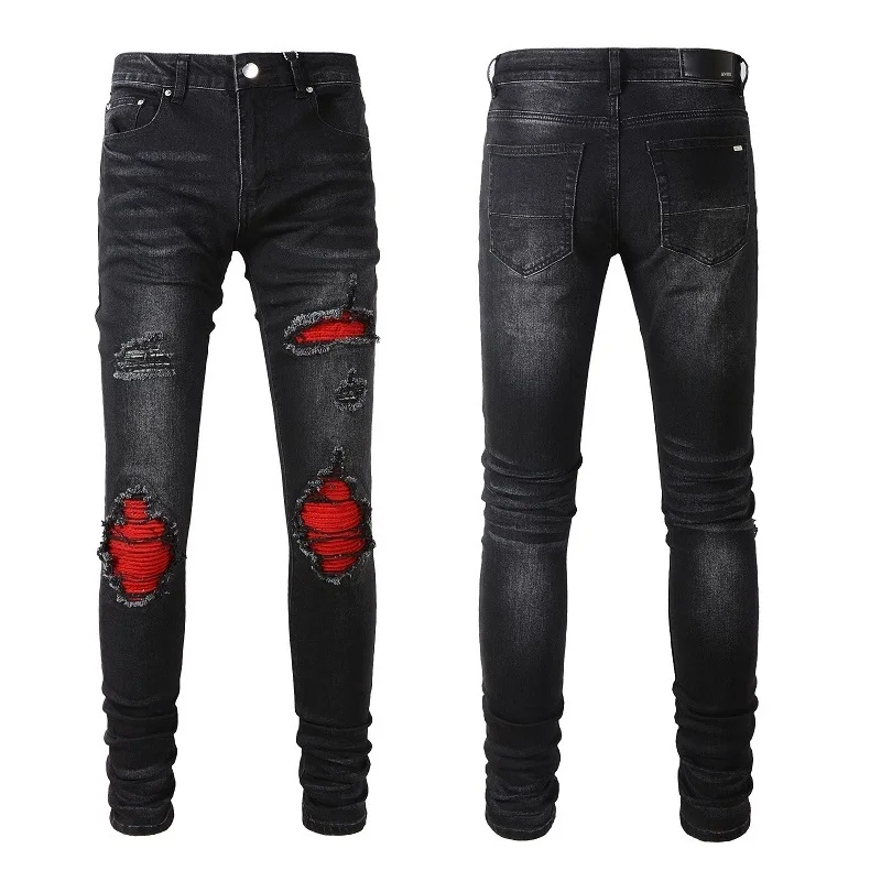 

High Quality Black Mens Slim Fit Denim Jeans High Streetwear Trip Skinny Stretch Destroyed Holes Ripped Pants Dropshipping