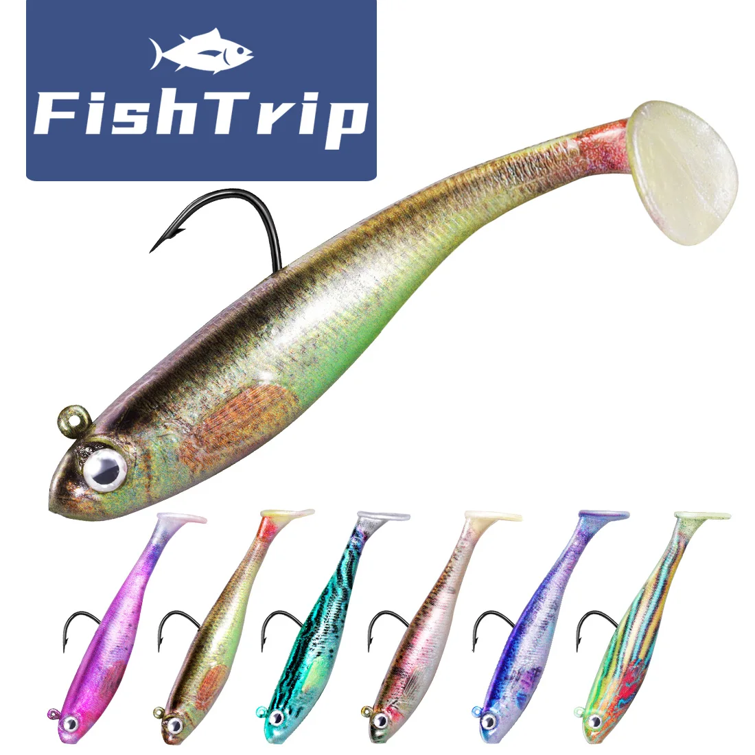 FishTrip Soft Fishing Lure with Hook Pre-Rigged Jig Heads Sea Bass Swimming Bait for Saltwater Freshwater Trout Walleye Crappie