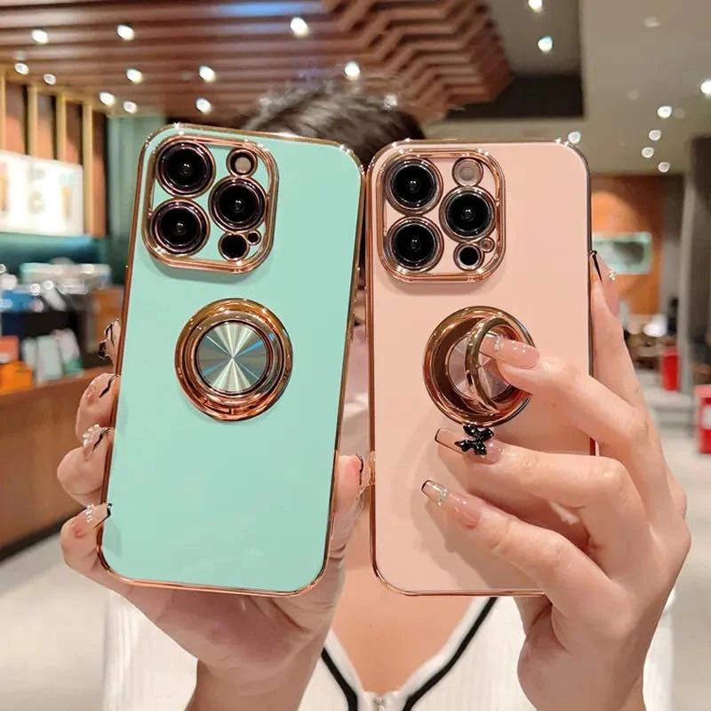 Silicone Ring Holder Phone Case For iPhone 11 12 13 14 15 Pro Max Mini X XR 8 Plus With Rotate Kickstand Shockproof Cover