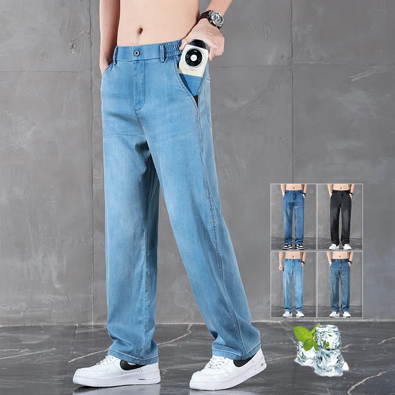 Men's Jeans Summer Thin Lyocell Business Classic Straight Denim Trousers Stretch Size 28-38