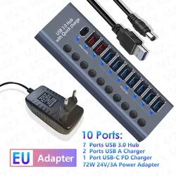 Premium Aluminum USB 3.0 Hub with Multiple Ports and Switch Adapter (10 HUB Charger EU)