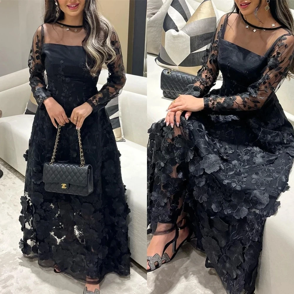 

Black Lace O-Neck Prom Long Sleeves Arabia A-line Formal Ocassion Gown Applique Anke length Skirts Evening Dress فساتين سهره