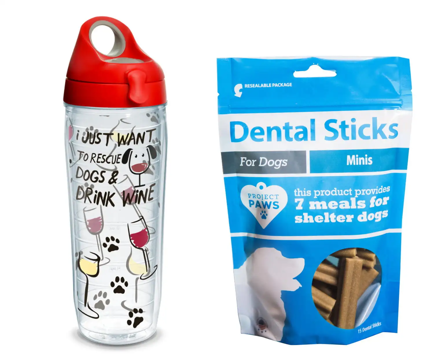 

Project Paws I Just Want To Rescue Dogs & Drink Wine 24 Oz Water Bottle with Red Lid with Dental Sticks Minis Cute Water Bottle