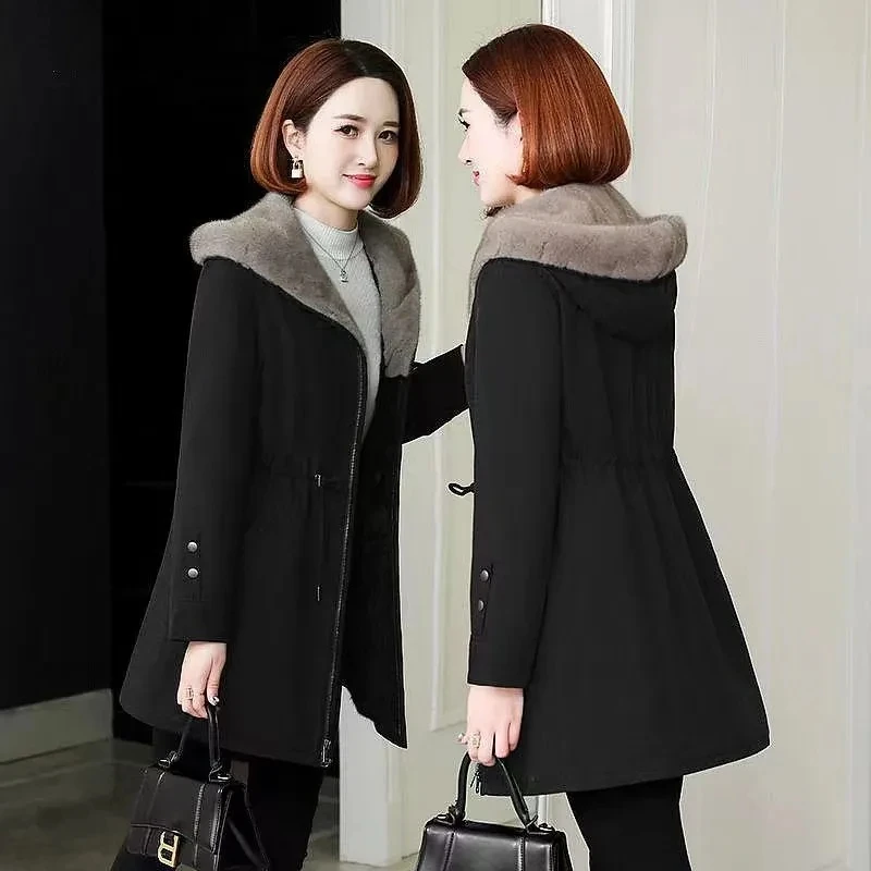 

Plush and Thickened Winter Parka Mid Length Trench Coat Women 2023 New Faux Fur Autumn and Winter Slimming Outcoat Mom's Outfit