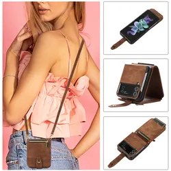 Versatile Flip Leather Phone Case with Zipper Wallet, Card Pocket, and Long Lanyard for Samsung Z Flip 7 FE (Brown)