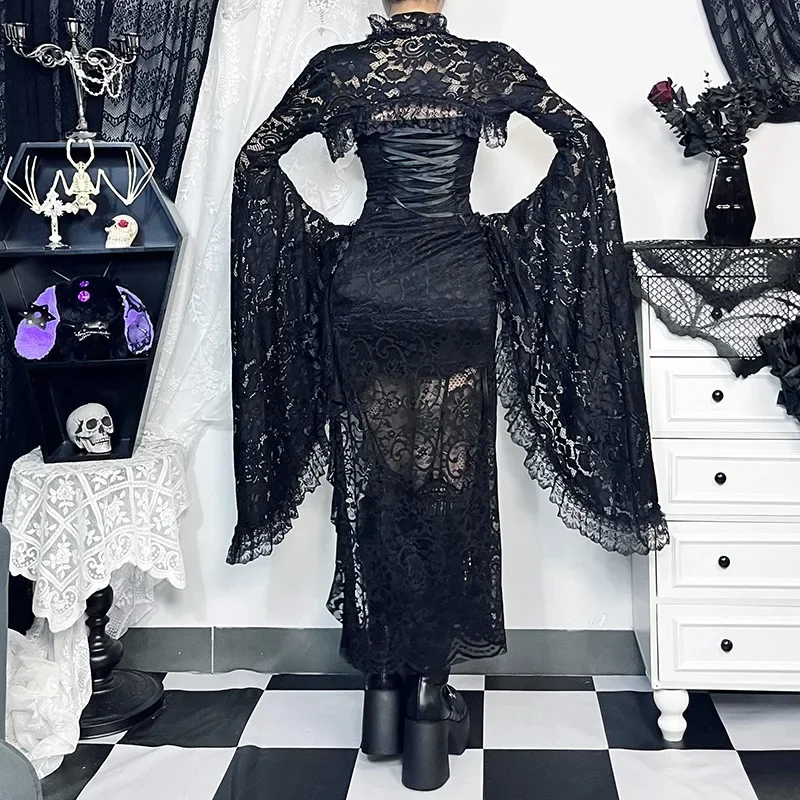 Gothic Classic Lace Cover Ups Women Mesh Crop Top See Through Sexy Flare Sleeve Blouse Y2k Black Rave Outfit Festival 4