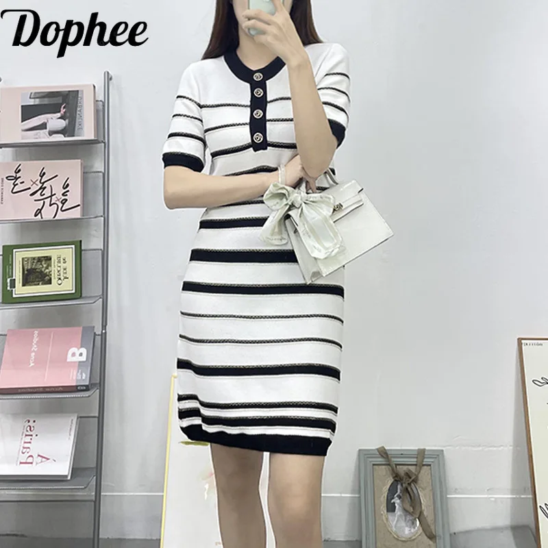 

Dophee 2024 New Spring Summer Classics Black White Stripes Short Sleeve Dress Single-breasted O-neck Stretch Knitted Mini Dress