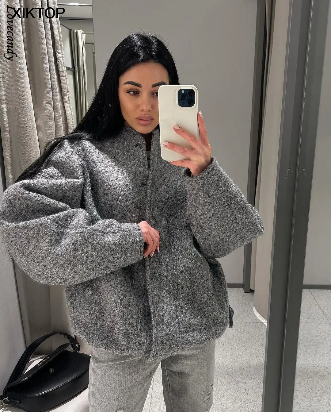 

Xiktop Women's Jackets With Buttons Bombers Grey Long Sleeve Coat Lady Warm With Pockets Outwear Jackets 2023 Spring Winter New
