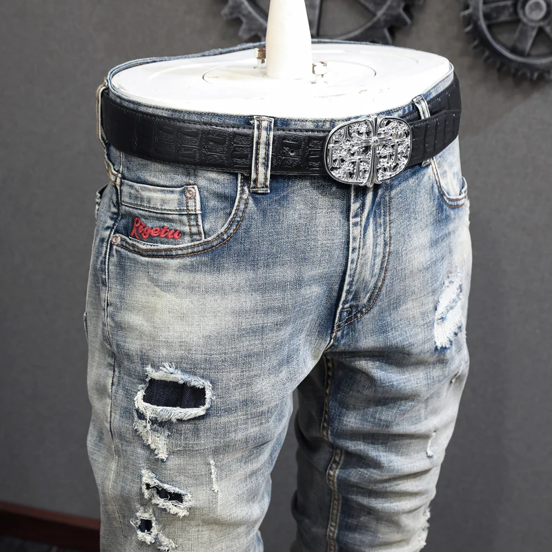 Italian Style Fashion Men Jeans Embroidery Designer Retro Gray Blue Elastic Slim Ripped Jeans Men Patched Vintage Pants Hombre